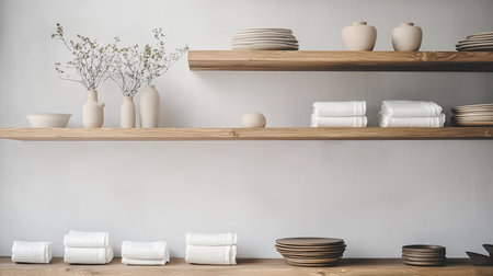 A beautifully arranged kitchen shelf showcasing minimalist design with soft tones, pottery, and linen towels. Ideal for modern home decor inspiration.の素材