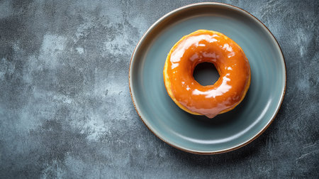 Top view of a glazed donut on a small plate. Copy space available.の素材