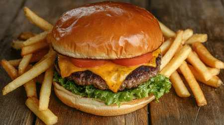 A mouthwatering cheeseburger topped with fresh tomato, crisp lettuce, and melted cheese, served alongside golden, crispy French fries on a rustic wooden table.の素材