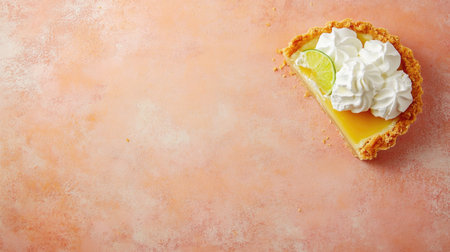 A beautiful lime tart topped with fluffy whipped cream on a soft pink background. Perfect for dessert lovers seeking freshness and flavor in every bite.の素材
