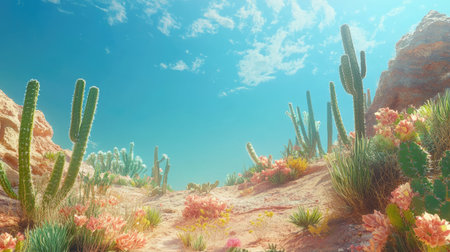 A stunning desert landscape showcasing cacti and colorful flora under a bright blue sky. The scene captures the serene beauty of nature in a warm environment.の素材