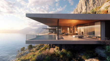 Discover a stunning modern villa perched on a rocky coastline, showcasing panoramic ocean views and a sleek, minimalistic design perfect for relaxation and leisure.の素材