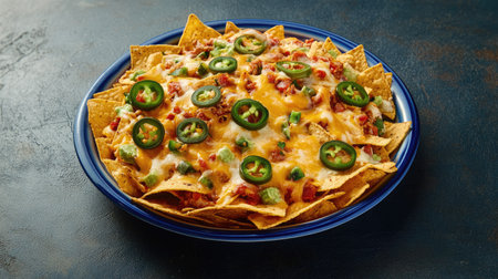 Top view of a platter of nachos with melted cheese and jalape Copy space available.の素材