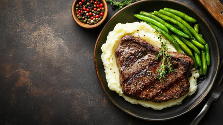 A mouthwatering grilled steak served with creamy mashed potatoes and vibrant green beans. This dish makes an enticing option for a hearty dinner.の素材