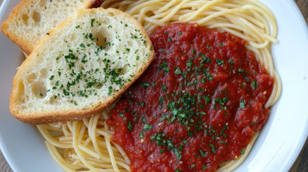 A delicious serving of spaghetti topped with rich tomato sauce and garnished with herbs, accompanied by crispy garlic bread on a stylish plate.の素材