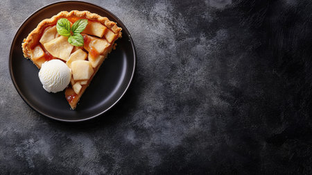 A delectable slice of apple pie served on a dark textured plate, topped with a scoop of creamy ice cream and a fresh mint garnish, perfect for dessert lovers.の素材