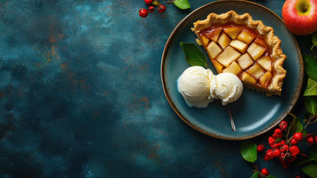 A mouthwatering apple pie slice served with creamy ice cream on a rustic blue background, perfect for autumn gatherings and dessert lovers.の素材