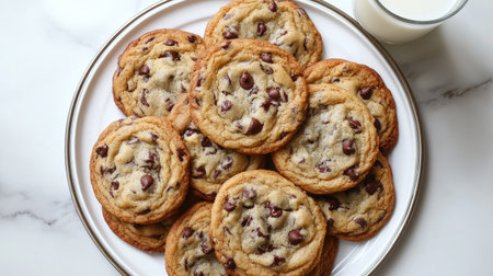 A delicious arrangement of freshly baked chocolate chip cookies served on a white plate beside a glass of milk, capturing the essence of comfort and indulgence.の素材