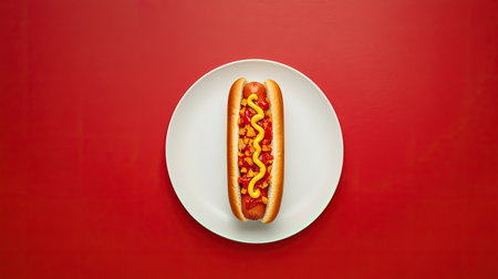 A gourmet hot dog presented on a white plate against a vibrant red background. This image captures the essence of comfort food and culinary delight, perfect for food lovers.の素材