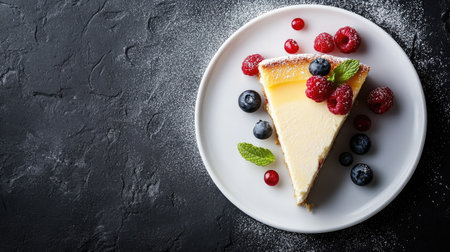A scrumptious slice of cheesecake decorated with fresh berries and mint leaves, artistically placed on a white plate against a dark background. Perfect for dessert lovers.の素材