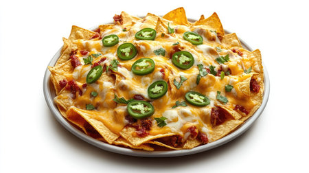 A tempting plate of nachos topped with melted cheese, jalapenos, and fresh herbs. This savory dish is perfect for sharing at parties or casual gatherings.の素材