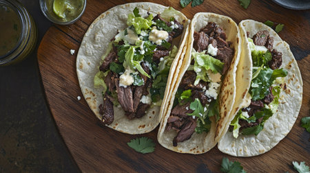 Savor the taste of delicious beef tacos filled with fresh vegetables and herbs, perfectly arranged on a rustic wooden board, ideal for any meal.の素材