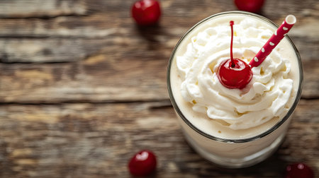 A delicious vanilla milkshake topped with whipped cream and a cherry, served in a glass with a straw. Perfect for dessert lovers and refreshment seekers.の素材