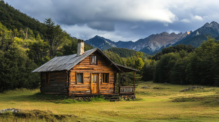 A charming wooden cabin surrounded by lush greenery and stunning mountains, perfect for evoking feelings of tranquility and rustic charm in any project.の素材