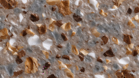 A close-up view of a stunning natural stone surface showcasing a variety of textures and colors. The unique arrangement of minerals and fragments creates an eye-catching pattern ideal for interior design or artistic projects.の素材