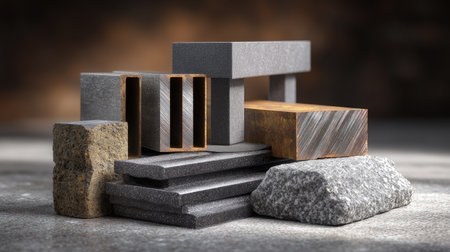 This visually striking composition features an array of geometric shapes in different materials, illustrating modern aesthetics and industrial design principles.の素材