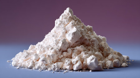 A close-up view of a fine powder pile showcases its texture and soft color background, ideal for culinary, industrial, or artistic applications.の素材