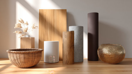 A striking arrangement of minimalist decor featuring various textured vases and artistic elements on a warm wooden surface, bathed in natural light.の素材
