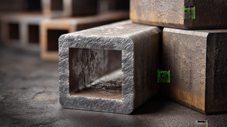 Detailed close-up of rectangular metal pipes showcasing texture and rust in an industrial setting. Perfect for construction and engineering themes.の素材