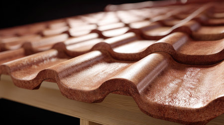 A detailed close-up of a brown roof tile showcasing its wavy texture and smooth finish, set against a natural wood structure, perfect for architectural design themes.の素材