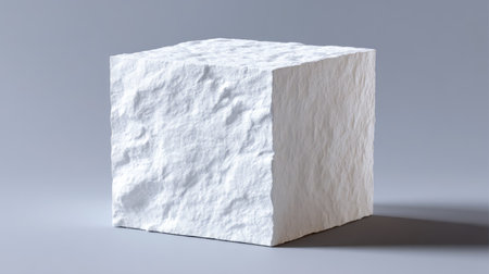 A simple yet striking white cube with a textured surface set against a gray background. Ideal for abstract art, design projects, and minimalistic visuals.の素材