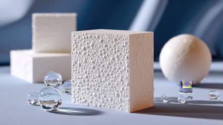 A close-up image featuring a textured white cube and a smooth sphere surrounded by glass beads, set against a soft lighting backdrop for artistic inspiration.の素材