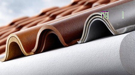 A close-up view of various roofing materials highlighting their distinct textures, colors, and profiles suitable for construction and design applications.の素材