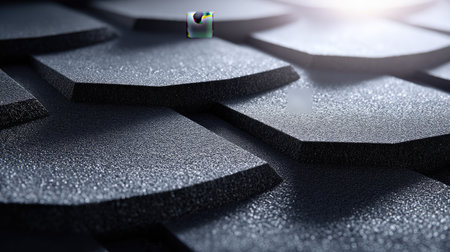 Close-up view of a textured surface featuring dark shingles with a detailed pattern, enhanced by subtle light reflections, ideal for modern architecture themes.の素材