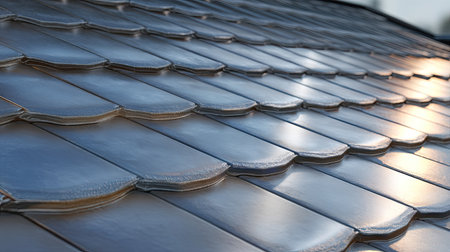 This close-up image showcases a modern metal roof with shimmering tiles, capturing the texture and intricate design in warm, natural light.の素材