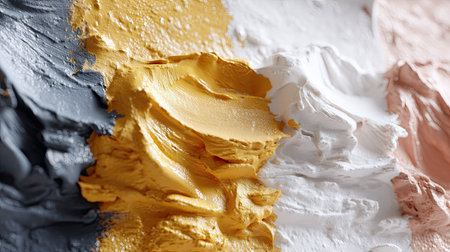 This image showcases a stunning mix of paints with textures and colors including vibrant gold, soft white, deep black, and muted pink, perfect for artistic projects.の素材