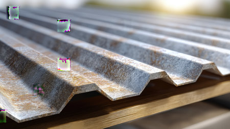 This image features a close-up view of textured metal roofing sheets displaying rust and standing on a wooden frame, beautifully illuminated in natural light.の素材