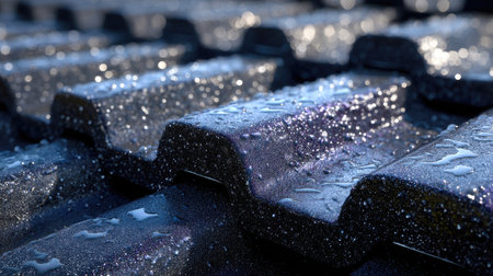 A captivating close-up view of metallic roof tiles showcasing texture and water droplets glistening after rainfall, highlighting urban architecture.の素材