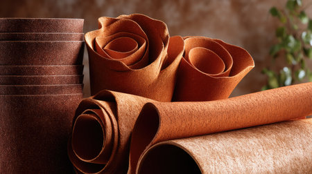 This captivating image showcases beautifully crafted brown roses made from felt material, elegantly arranged with rolls of fabric, perfect for creative projects.の素材