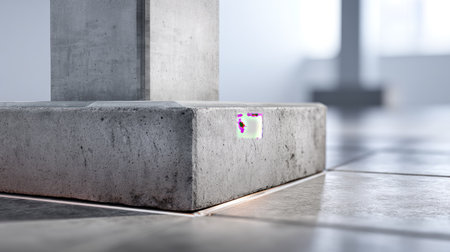 This image presents a detailed close-up view of a concrete column base set in a modern architectural interior, showcasing the texture and soft ambient lighting.の素材
