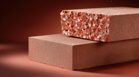 This image features textured building material blocks in warm tones, ideal for construction projects and design concepts. The unique surfaces showcase details and patterns suitable for various applications.の素材
