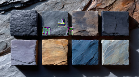 This image presents an array of natural stone slate tiles in various colors and textures, perfect for decor inspiration and design selections.の素材