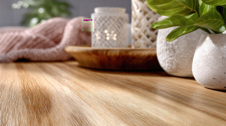 A serene home decor setting featuring a warm wooden surface, decorative candle, green plant, and soft textiles, perfect for creating a cozy atmosphere.の素材