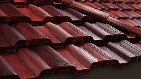 A detailed close-up image of glossy red roof tiles showcasing their textured surface and color variation, perfect for architectural and design projects.の素材
