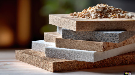 A detailed composition of various engineered wood panels stacked with additional sawdust, showcasing materials used in furniture and construction projects.の素材