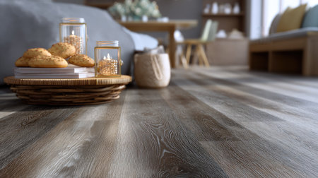 A cozy interior scene showcasing a wooden floor, featuring a basket filled with delicious cookies, glowing candles, and tasteful home decor elements.の素材
