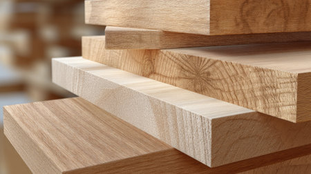 A detailed close-up image of stacked wooden planks highlights the unique grain patterns and textures, perfect for showcasing craftsmanship in woodworking projects.の素材