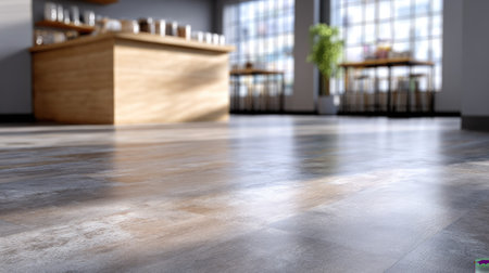 A modern interior space featuring a wooden bar counter, large windows allowing natural light, and a polished floor, creating an inviting atmosphere.の素材