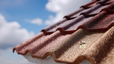 Close-up view of colorful roof tiles showcasing intricate textures and vibrant hues against a bright blue sky with fluffy clouds. Ideal for architectural themes.の素材