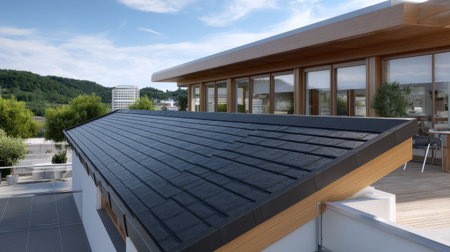A modern roof design showcases the sleek lines and materials of a contemporary home, complemented by a panoramic landscape and clear blue sky.の素材