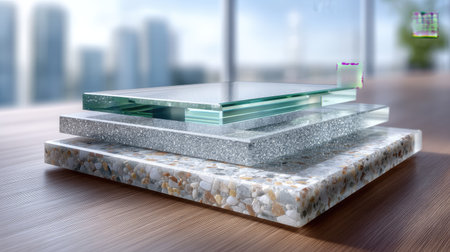 This image presents a modern arrangement of layered materials including glass, stone, and composite textures. Ideal for interior design projects or material showcases.の素材
