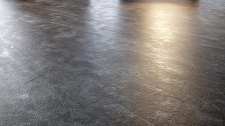 This image features a smooth, glossy floor surface with a dark texture and subtle reflections, perfect for showcasing modern architectural designs and decor.の素材