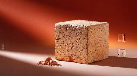 A single textured mineral cube resting on warm surface, casting soft shadows and surrounded by fine dust particles, creating an artistic and modern visual.の素材