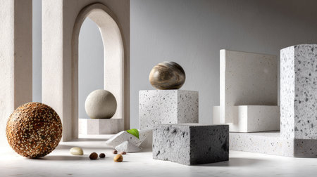This captivating image features a modern arrangement of geometric shapes and natural objects, showcasing textures and minimalistic design on a neutral background.の素材