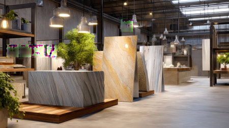 Explore a contemporary stone showroom featuring a variety of unique natural stone slabs arranged in an attractive industrial environment, highlighting design and quality.の素材