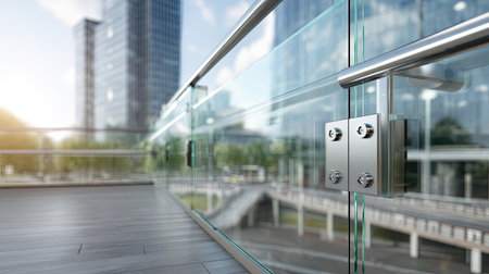 A stunning view of a modern glass railing on a balcony, featuring stainless steel fittings, surrounded by an urban landscape bathed in sunlight.の素材
